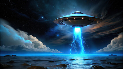 Mysterious alien craft emerges from ocean, surrounded by dramatic clouds and starry sky, emitting bright beam of light and energy. scene evokes sense of wonder and intrigue