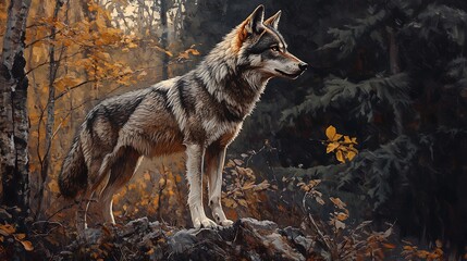 Fototapeta premium Wolf standing on rocky outcrop in autumn forest