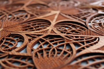 Elegant geometric patterns on mahogany wood, laser-cut to create a refined background effect.
