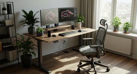 Fototapeta premium Modern Home Office With Dual Monitors, Plants, And Ergonomic Chair