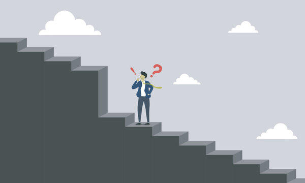Man shocked and confused cause his way is stuck by the the tall staircase. business person got stuck by his own plan. vector design