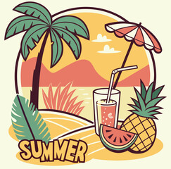 Retro summer vacation illustration featuring palm tree beach drinks and tropical fruits