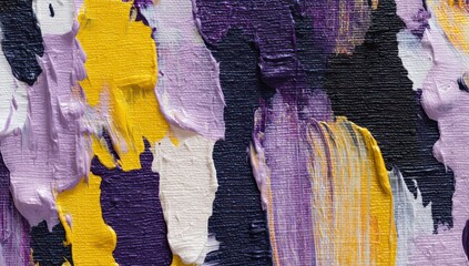 Black, yellow, and lavender strokes create bold contrasts on canvas, forming a striking texture.