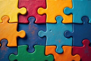 Obraz premium Close-up diverse colored puzzle pieces fitting together , complete, togetherness, achievement