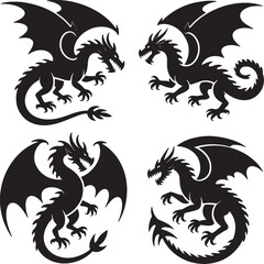 Four black silhouettes of majestic dragons