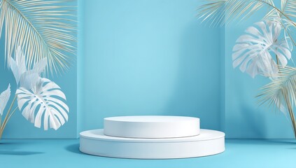 Light blue backdrop with a white podium and palm leaves, highlighting a fresh, nature-inspired display.