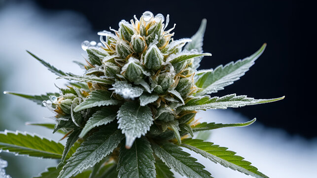 Single cannabis nug with frost or ice coating, winter, bud