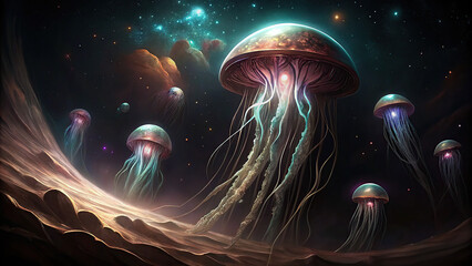 Surreal galaxy formed by bioluminescent jellyfish illuminates cosmic landscape, creating mesmerizing and dreamlike atmosphere. vibrant colors and ethereal glow evoke wonder and awe
