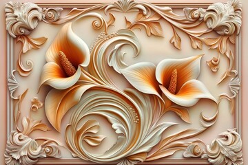 Ornate floral design in light beige and orange tones.