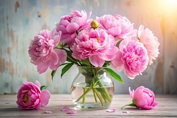 Obraz premium Pink Peony Bouquet, Glass Vase, Floral Still Life, Spring Flowers, Pink Peonies Photography, Beautiful Peonies, Home Decor, Flower Arrangement