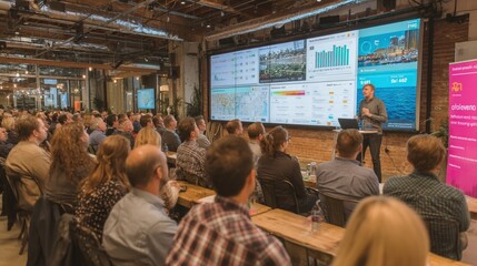 Large group of attendees listening to a speaker at a conference.  A large screen displays data visualizations
