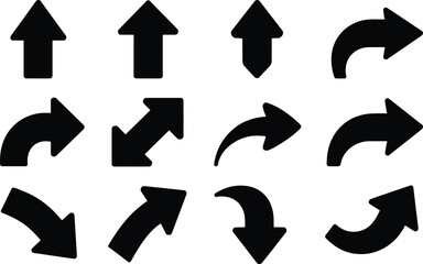 Collection of simple black arrow icons pointing in various directions for design and communication