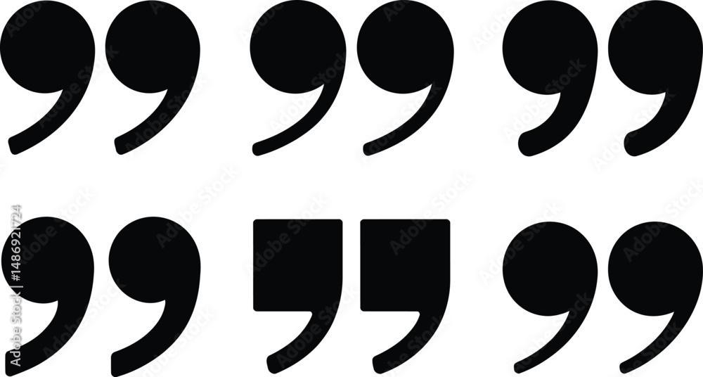 Fototapete collection of black quotation marks in various styles on a clean white background for design element