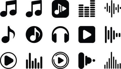 Fototapeta premium Collection of music icons and symbols featuring headphones play buttons and audio waveforms in black and white