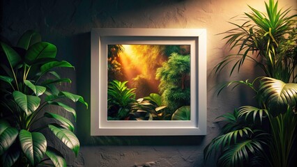 Low Light Photography: White Framed Picture & Plant - Interior Decor, Dimly Lit Room, Cozy Atmosphere, Home Decor, Night Photography