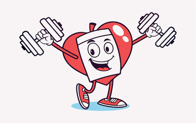 Cartoon heart character lifting dumbbells promoting exercise and healthy living concept