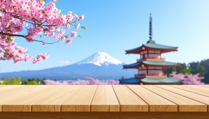 Fototapeta premium Scenic View of Mount Fuji, Pagoda, and Cherry Blossoms in Japan