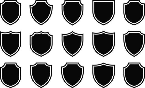 Collection of simple shield icons in black and white perfect for design elements and logos