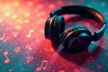 Close-up of headphones on a vibrant, textured surface, music notes subtly overlaid , wireless, musical, frequency