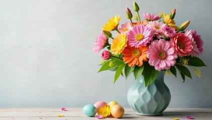 Vibrant Easter flowers in a spring bouquet, colorful blooms in a rustic vase , bunny, petals