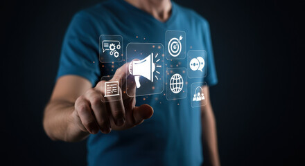 Digital Marketing Strategy: Man Taps Megaphone Icon on Virtual Screen | Online Advertising, SEO, Target Audience, Engagement, & Business Growth