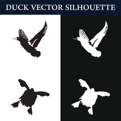 Collection of flying duck silhouette, black and white vector design