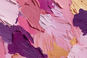 Rich gold, dark purple, and soft pink strokes on canvas form an elegant, abstract banner backdrop.