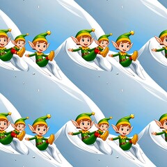 illustrated elves sliding on snow hills