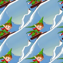 illustrated elves sliding on snow hills
