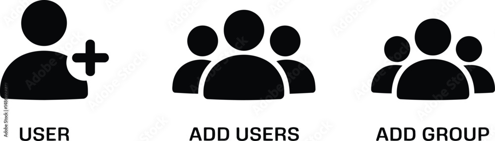 Poster simple black and white icons illustrating user management add new user add group and add users conce