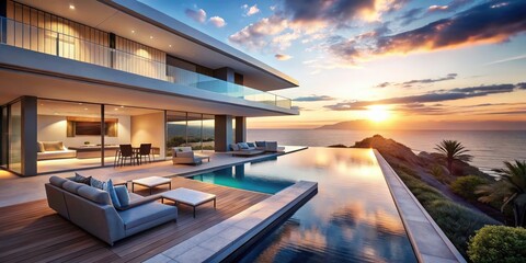 Fototapeta premium Luxury Modern Seaside Villa: Infinity Pool, Ocean Views, Outdoor Living