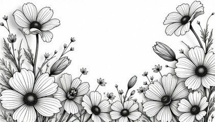 Intricate line art blooming flowers, black & white, vintage, clean pattern