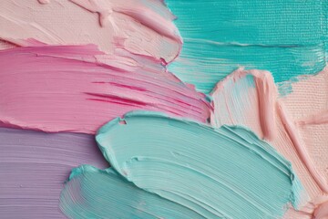Rose pink, soft lavender, and light teal strokes combine on canvas to form a soft, vibrant design.