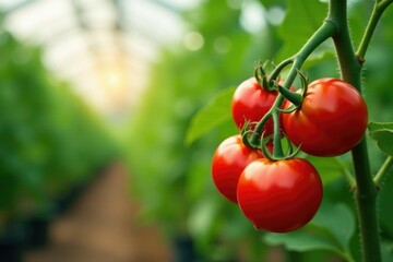 Ripe red tomatoes growing on vine in greenhouse , healthy, red tomatoes, leaf