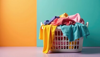 Overfilled laundry basket overflowing with clothes, ready for washing , washing, housework