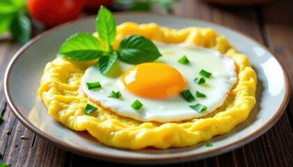 Fluffy omelet, sunny side up eggs, fresh herbs, white, cheese