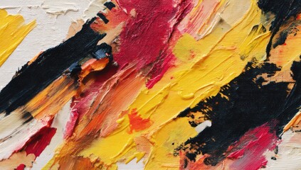 Yellow, black, and red strokes form a dynamic design on canvas with bold color contrasts and depth.