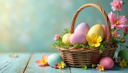 Colorful Easter eggs in a basket with spring flowers , tulips, arrangement