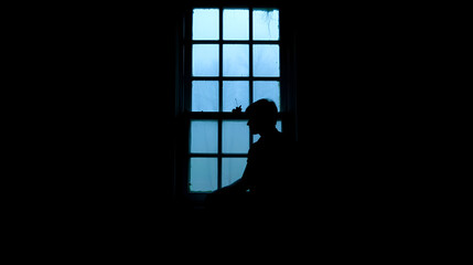 Dramatic silhouette of a lone human figure sitting at a window in a dark moody room depicting the plight and isolation of victims of human trafficking and exploitation