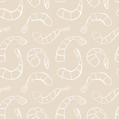 Seamless pattern of white shrimps on beige background hand-drawn in one uneven line with no shadows for textile and packaging