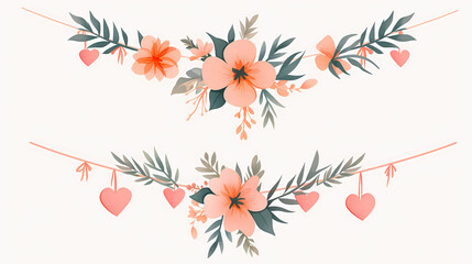 Obraz premium Two delicate floral garlands with coral-colored flowers and pink hearts, perfect for a romantic celebration or wedding.