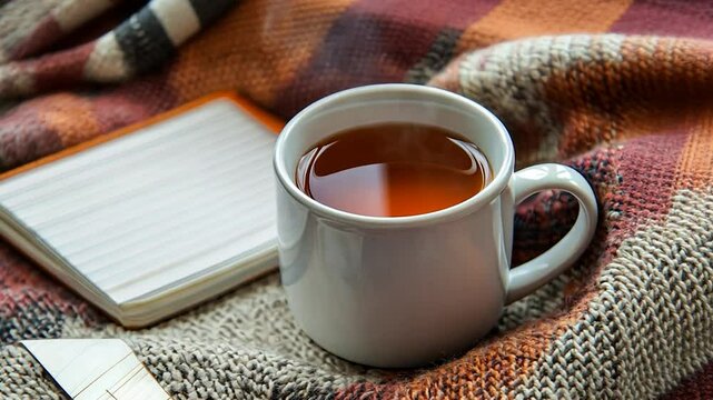 Cozy autumnal tea, notebook, and music on a plaid blanket