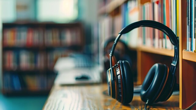 Black Headphones Resting On A Wooden Desk In A Library Near Bookshelf