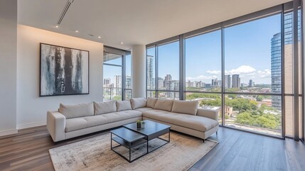 Fototapeta premium Modern living room interior with city view and stylish decoration elements