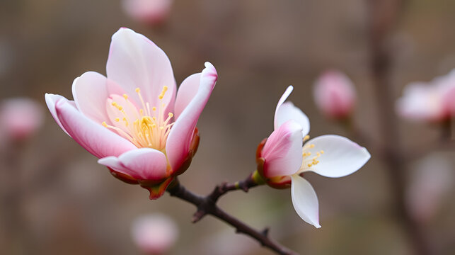 Delicate white petals unfold from a pink winter bud, blossoms, blooming, pink