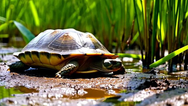 Aquatic turtle walking across wet mud near tall blades of green grass in a sunlit marshy area in a tranquil nature scene.