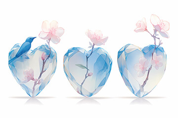 Three delicate blue crystal hearts, each containing a blossoming branch and one featuring a small blue bird.  A lovely, serene image.