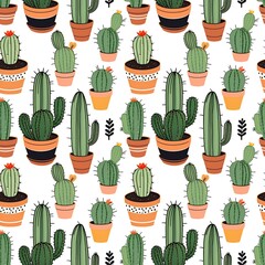 illustrated cacti in pots with tiny decorations