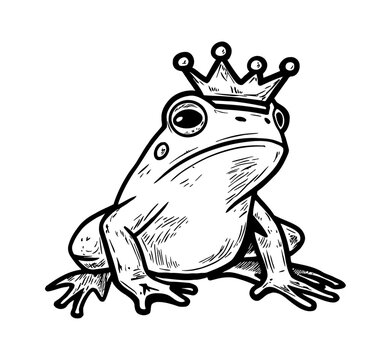 Elegant illustration of a regal frog wearing a king crown in black and white ink drawing