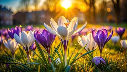 Spring Crocus Blossoms Low Light City Park Photography - Nighttime Purple White Yellow Flowers Grass
